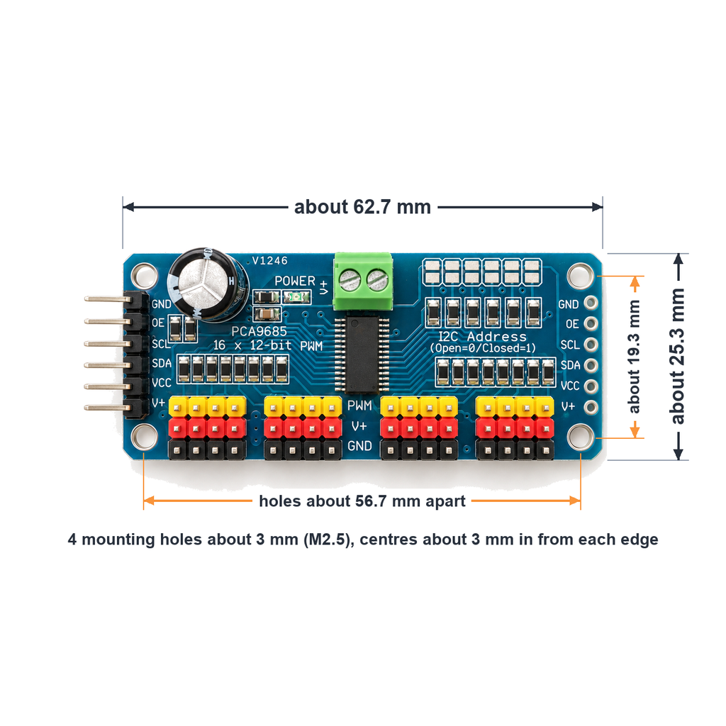 PCA9685 board dimensions: about 62.7 x 25.3 mm, mounting holes about 56.7 x 19.3 mm apart for M2.5 screws