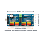 PCA9685 board dimensions: about 62.7 x 25.3 mm, mounting holes about 56.7 x 19.3 mm apart for M2.5 screws