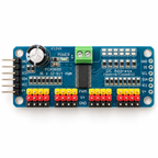 Top view of the PCA9685 board with GND, OE, SCL, SDA, VCC and V+ labels at both ends and the PWM, V+ and GND servo rows