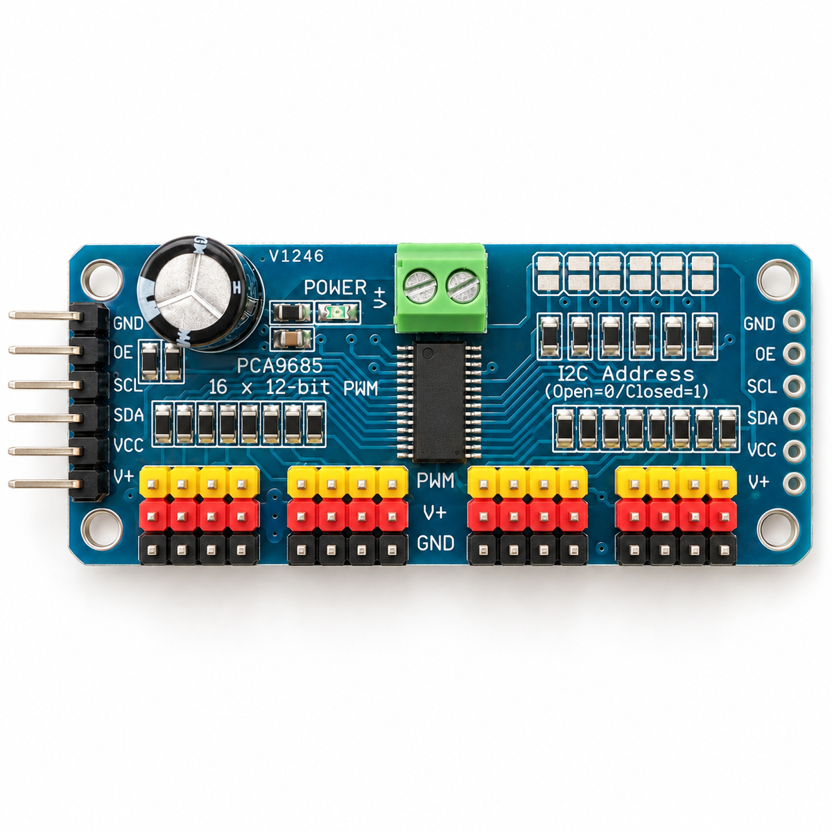 Top view of the PCA9685 board with GND, OE, SCL, SDA, VCC and V+ labels at both ends and the PWM, V+ and GND servo rows