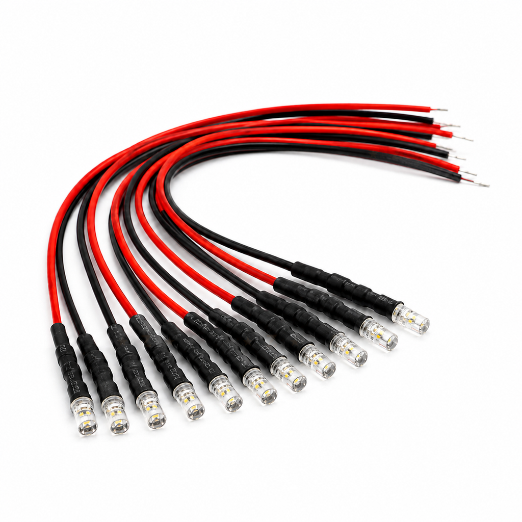 Ten pre-wired 3mm flat-top water-clear LEDs with red and black leads