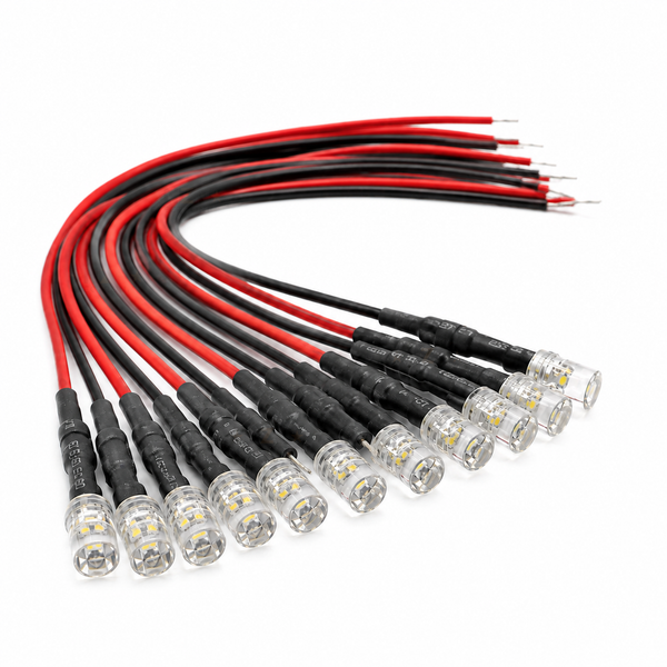 Ten pre-wired 5mm flat-top water-clear LEDs with red and black leads