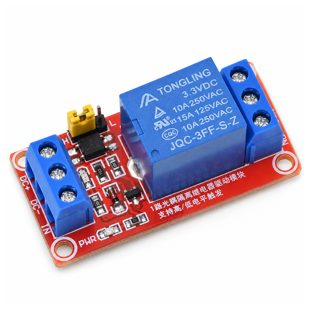 Single-channel 3.3V relay module on a red board with yellow high/low trigger jumper and blue screw terminals