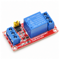 Single-channel 5V relay module on a red board with yellow high/low trigger jumper and blue screw terminals