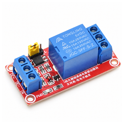 Single-channel 5V relay module on a red board with yellow high/low trigger jumper and blue screw terminals