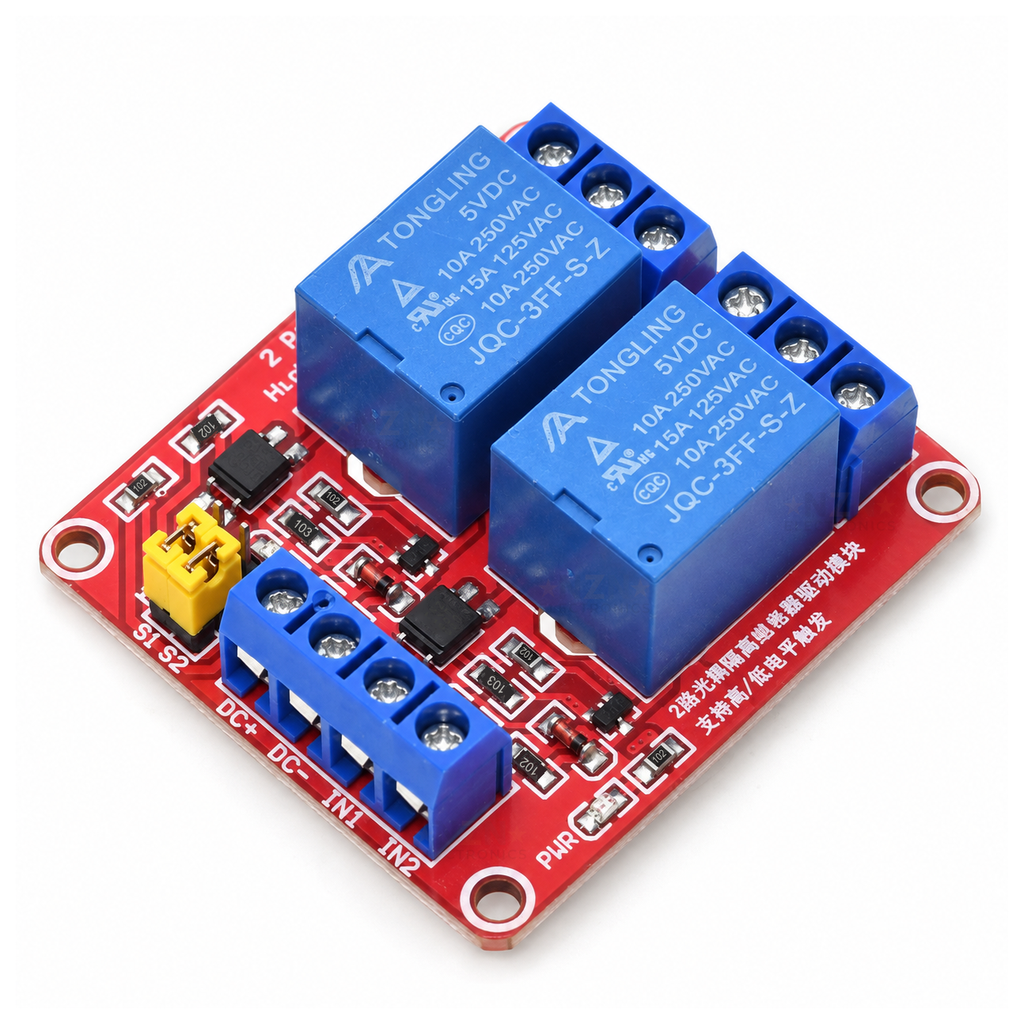 Two-channel 5V relay module with two blue relays, yellow trigger jumpers and labelled input screw terminals
