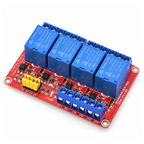 Four-channel 5V relay module with four blue relays, four yellow trigger jumpers and labelled input screw terminals