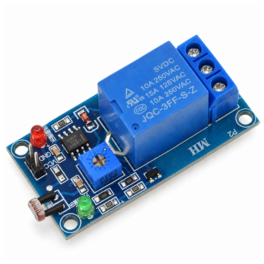 5V light-control relay module with onboard photoresistor, blue threshold adjuster and three screw terminals