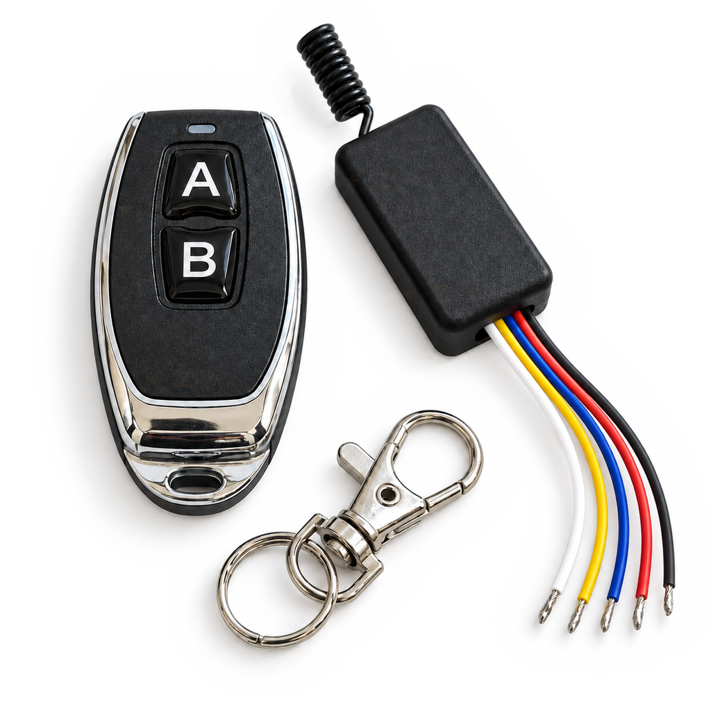 Two-button A/B remote, single-channel receiver, five tinned leads and key clip on a white background