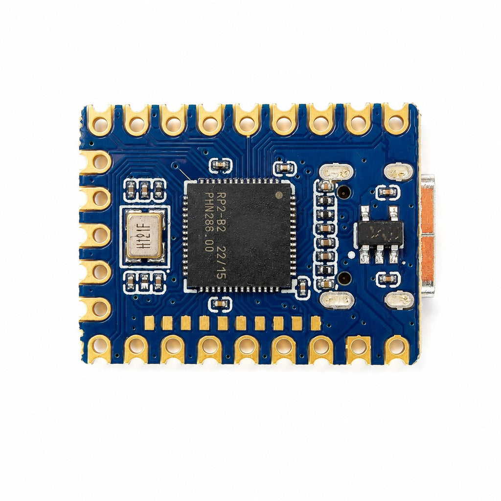 RP2040-Zero board underside showing the RP2040 chip and castellated edge pads