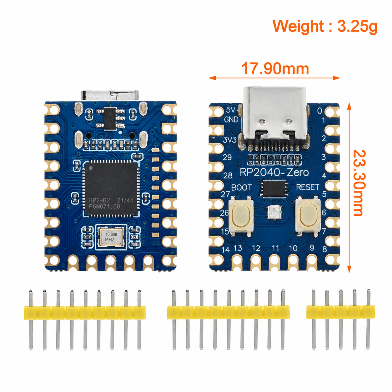 RP2040-Zero dimensions diagram, 17.9 x 23.3mm, weight 3.25g
