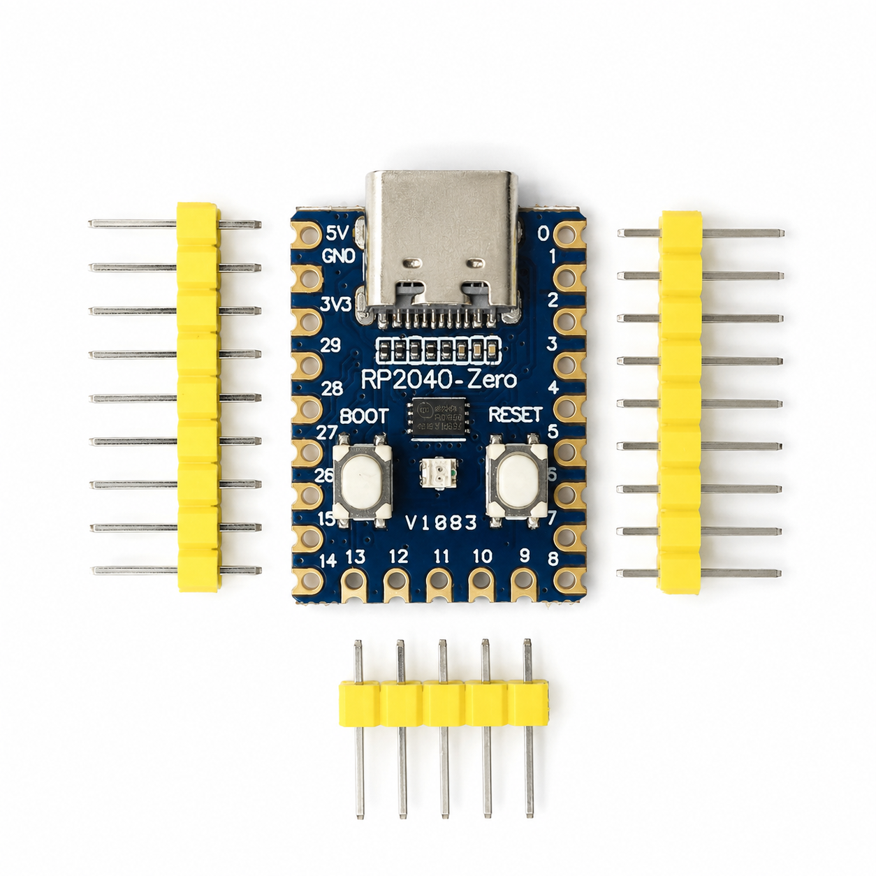 RP2040-Zero mini development board with USB-C, BOOT and RESET buttons, and unsoldered pin headers