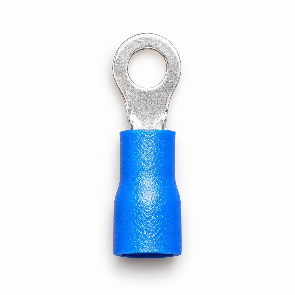 Blue insulated M4 ring terminal (RV2-4) viewed from above, ring and sleeve outline