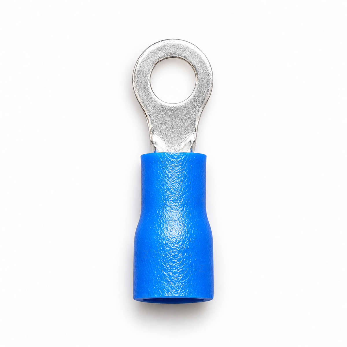 Blue insulated M4 ring terminal (RV2-4) viewed from above, ring and sleeve outline