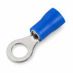 Blue insulated RV2-5 M5 ring terminal in an angled product view