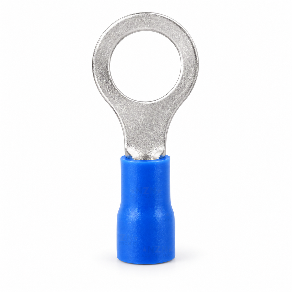 Blue insulated RV2-5 M5 ring terminal viewed from above