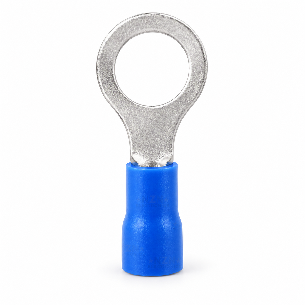 Blue insulated RV2-5 M5 ring terminal viewed from above