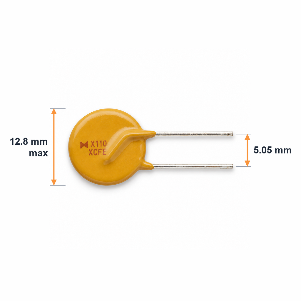 RXEF110 fuse dimensions: 12.8 mm maximum body width and 5.05 mm lead spacing