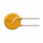 Single RXEF110 PTC fuse seen from above, X110 marking and two parallel tin-plated leads