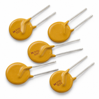 Five RXEF110 resettable PTC fuses, yellow discs with straight leads, three showing the X110 marking