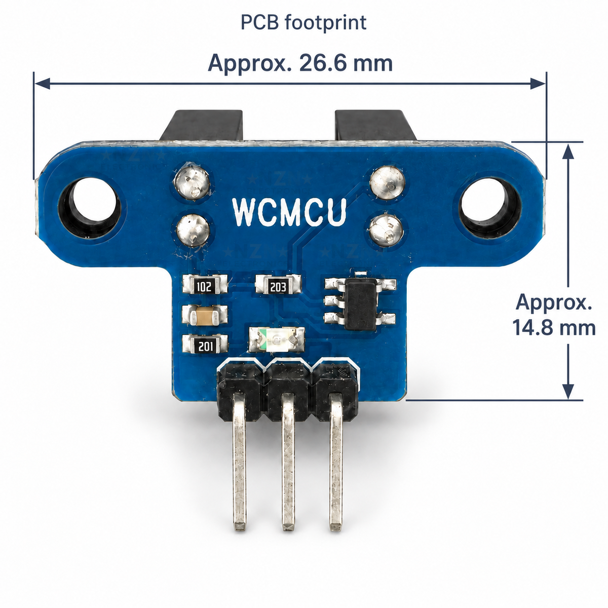 Slot-type photoelectric interrupter module approximate 26.6 by 14.8 millimetre PCB footprint