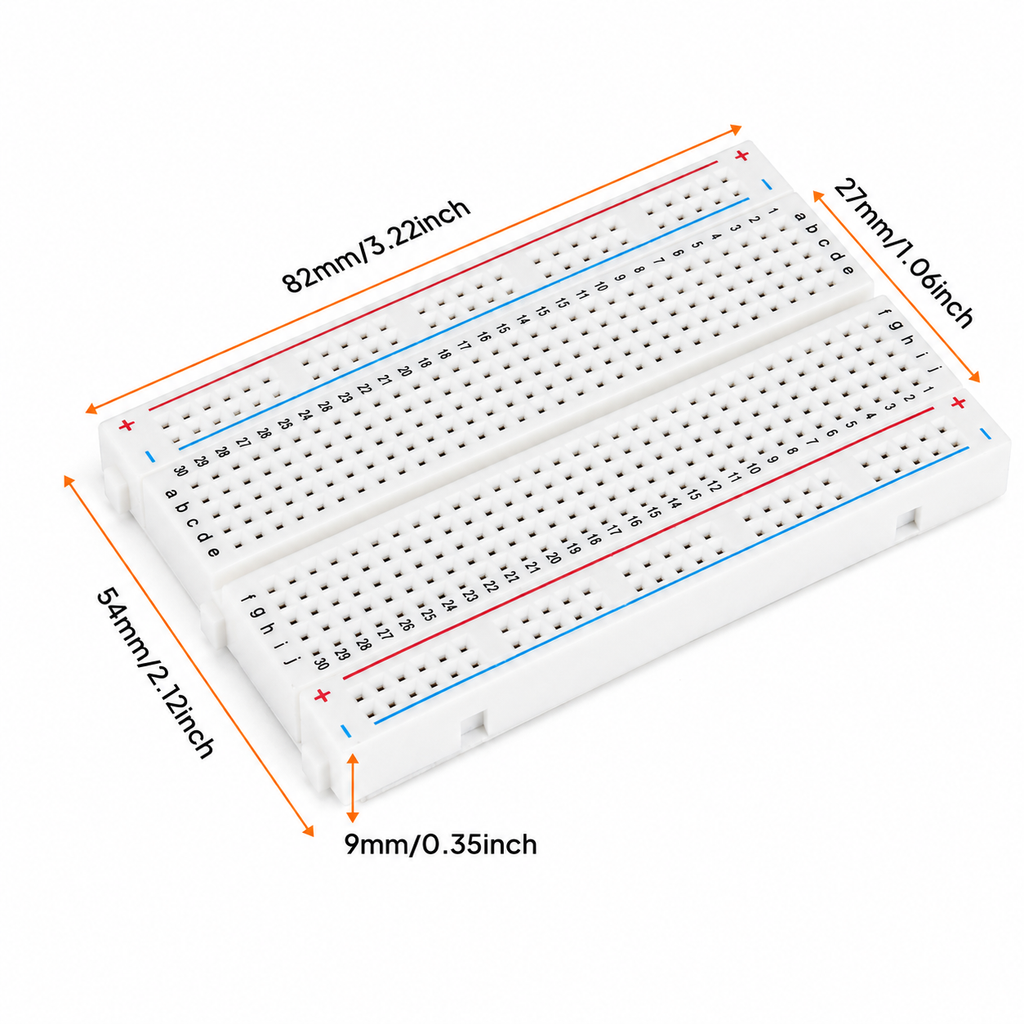 400 point breadboard dimensions: 82mm long, 54mm wide, 9mm high, each detachable half 27mm
