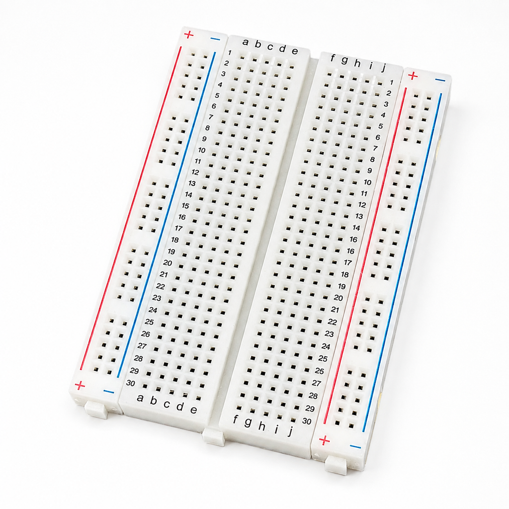 400 point solderless breadboard with detachable red and blue power rails, rows a to j and columns 1 to 30