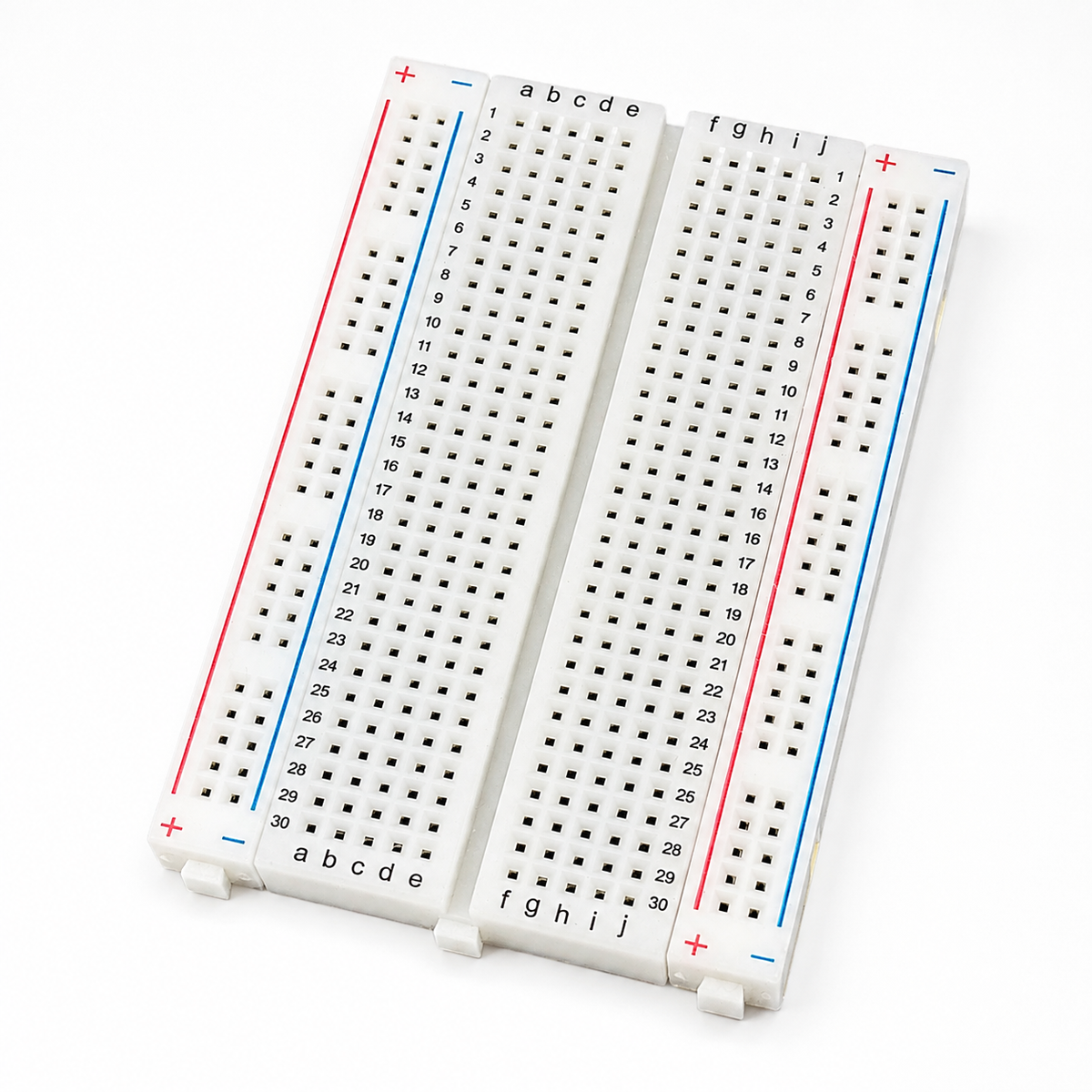 400 point solderless breadboard with detachable red and blue power rails, rows a to j and columns 1 to 30