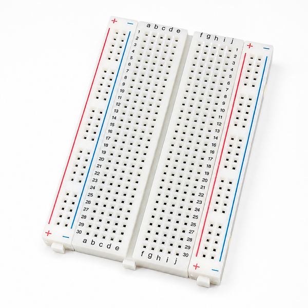 400 point solderless breadboard with detachable red and blue power rails, rows a to j and columns 1 to 30