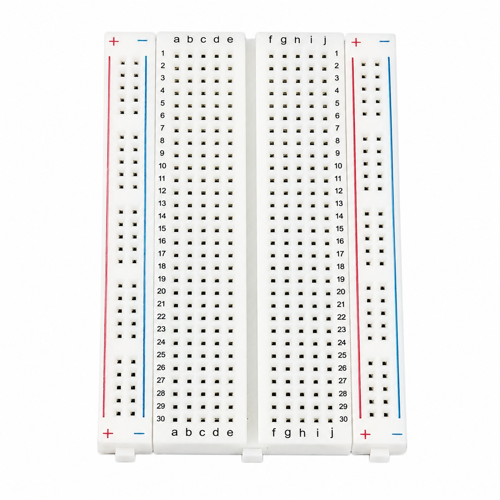 Overhead view of the 400 point breadboard showing 30 numbered columns, rows a to e and f to j, and both power rails