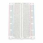 Overhead view of the 400 point breadboard showing 30 numbered columns, rows a to e and f to j, and both power rails