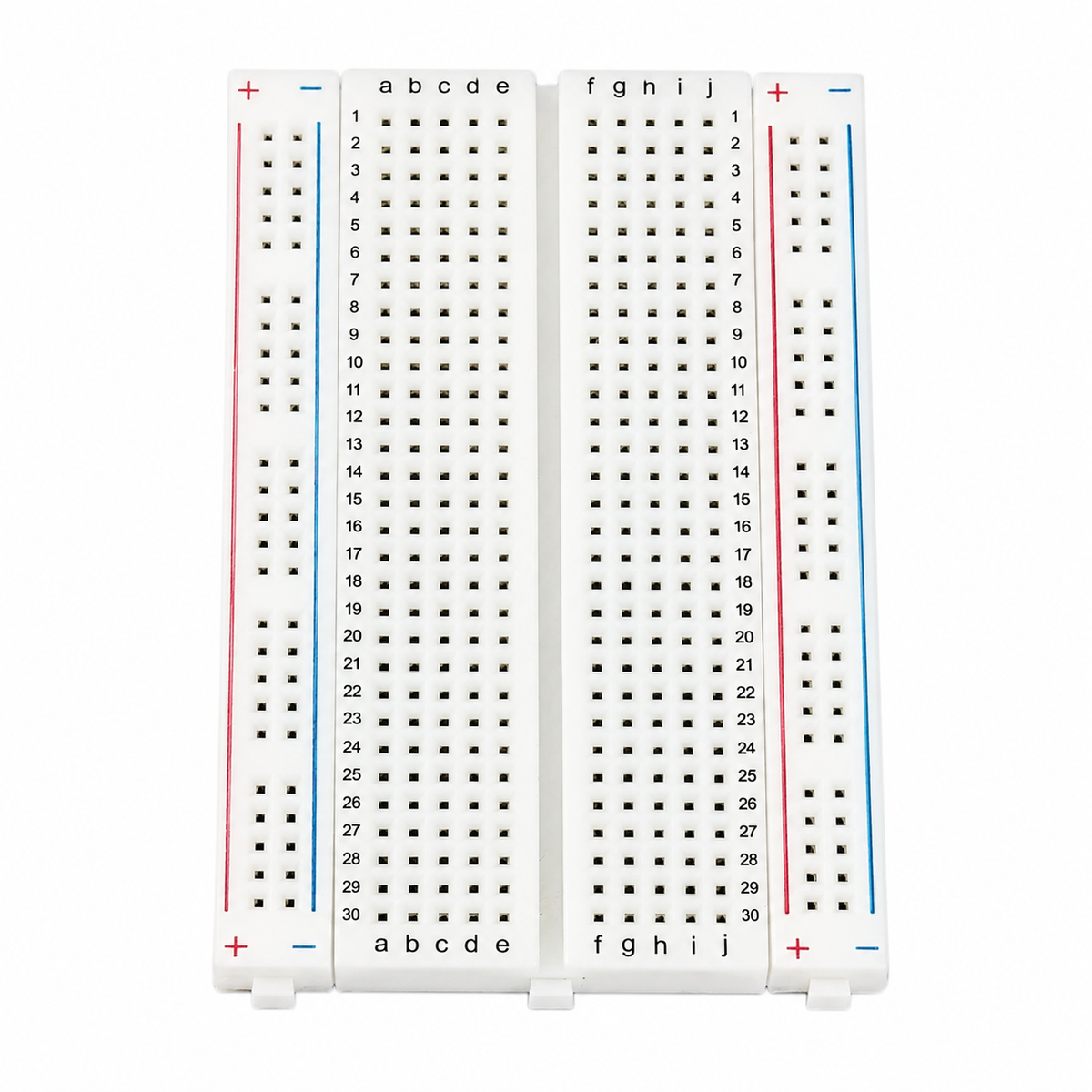 Overhead view of the 400 point breadboard showing 30 numbered columns, rows a to e and f to j, and both power rails