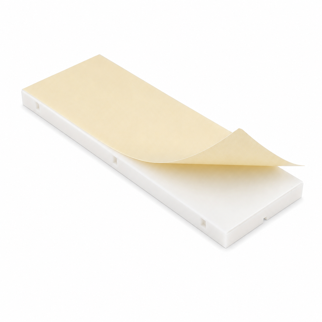 Underside of the 830 point breadboard with the backing paper peeled back to show the self-adhesive pad