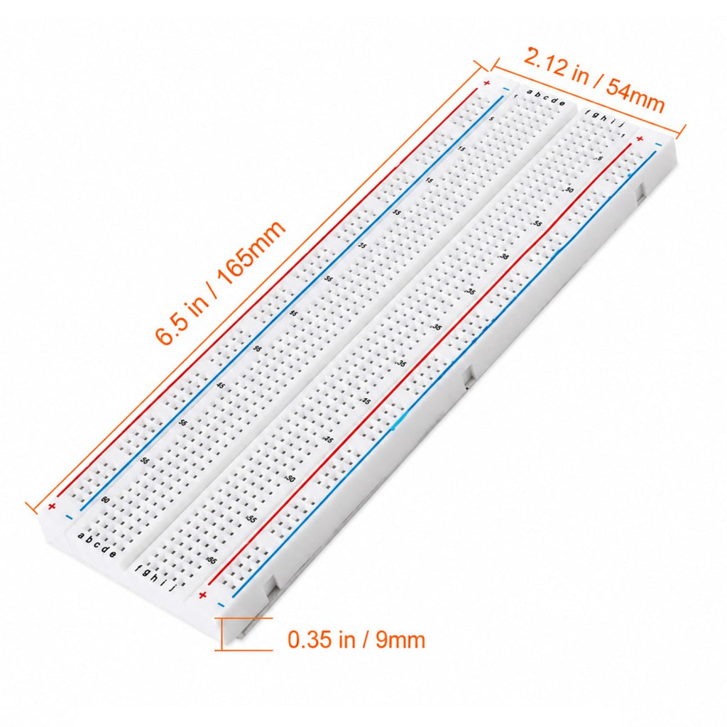 830 point breadboard dimensions: 165mm long, 54mm wide, 9mm high