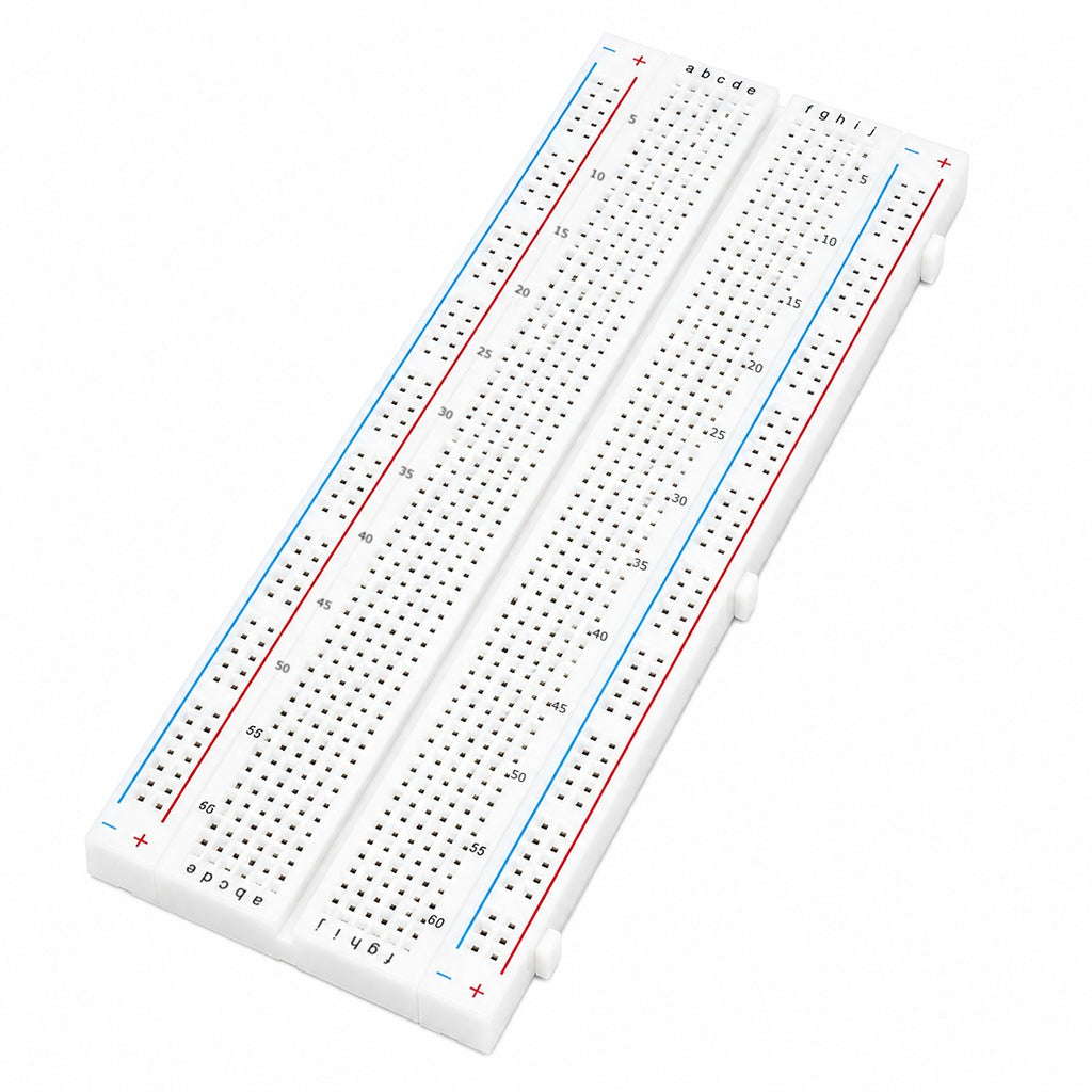 830 point solderless breadboard with detachable red and blue power rails, rows a to j and 63 numbered columns