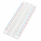 830 point solderless breadboard with detachable red and blue power rails, rows a to j and 63 numbered columns
