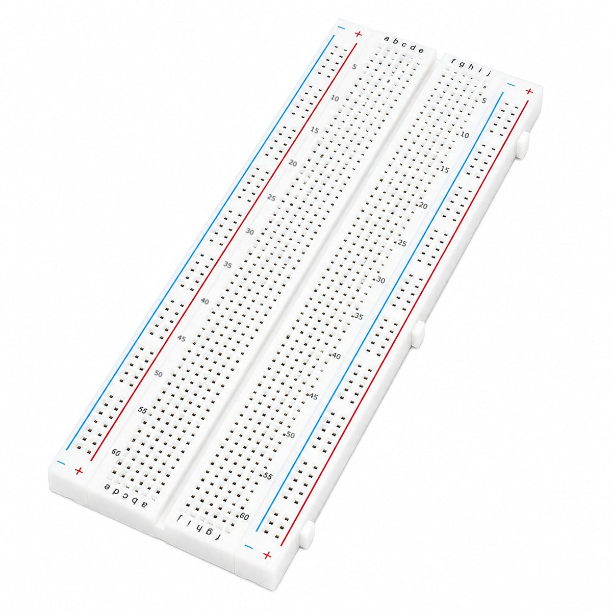 830 point solderless breadboard with detachable red and blue power rails, rows a to j and 63 numbered columns