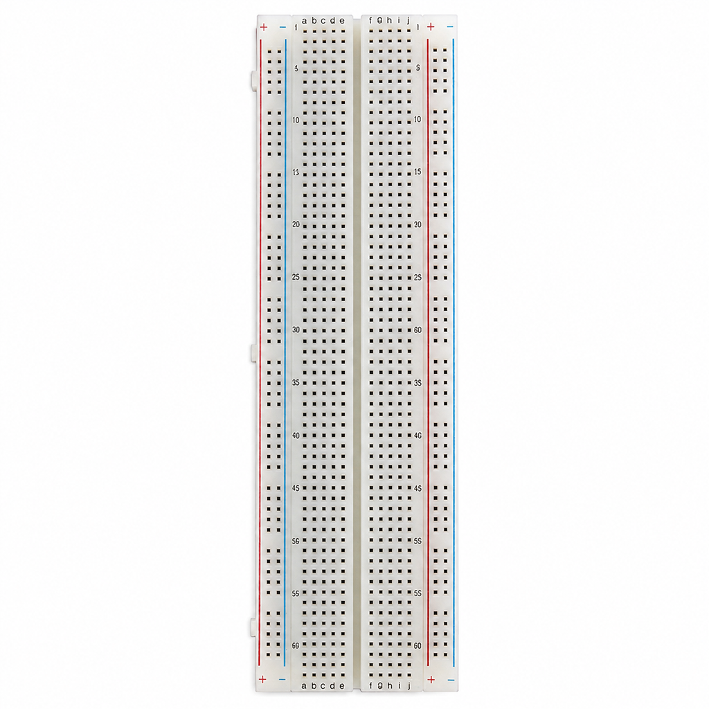 Overhead view of the 830 point breadboard showing 63 numbered columns, rows a to e and f to j, and both power rails