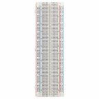 Overhead view of the 830 point breadboard showing 63 numbered columns, rows a to e and f to j, and both power rails