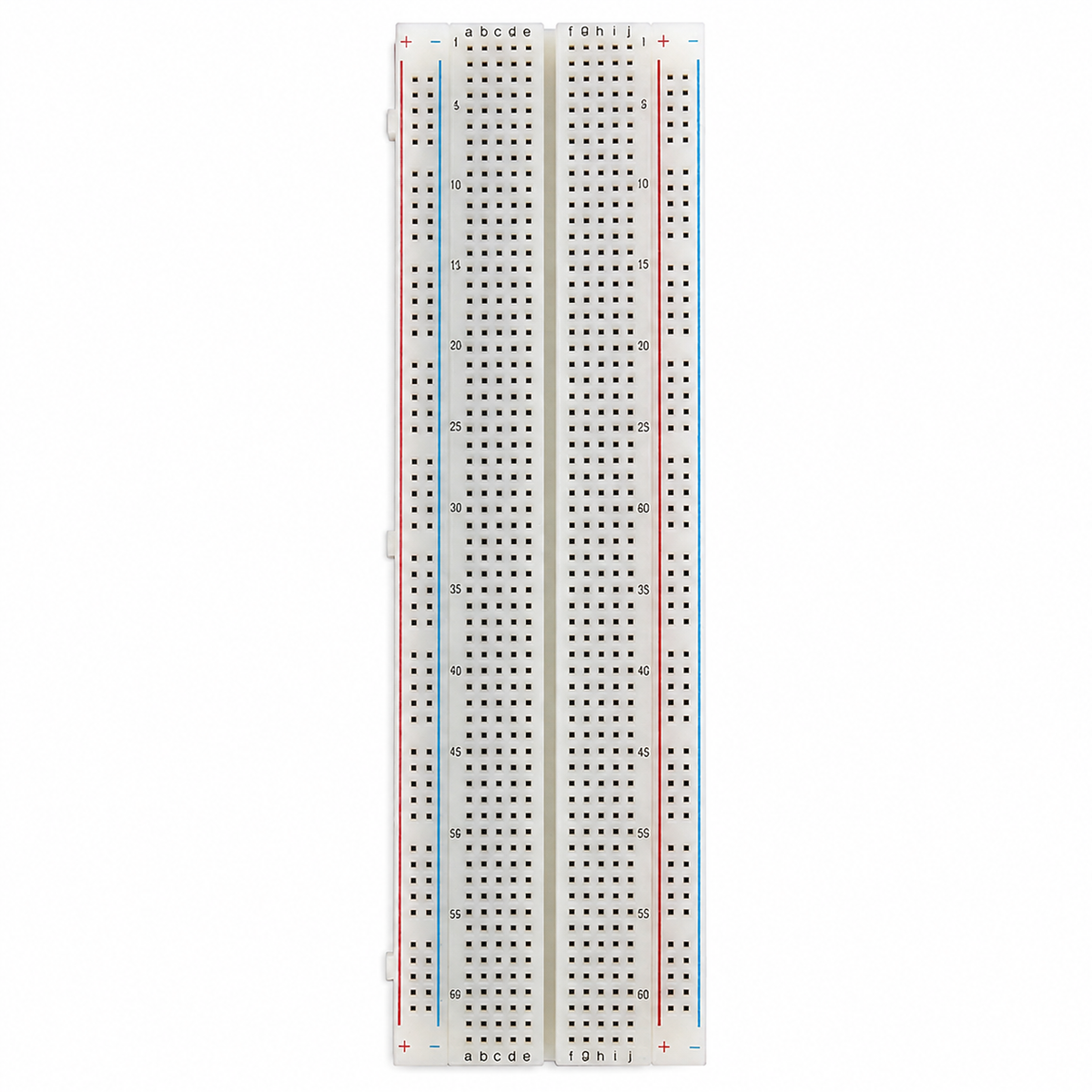 Overhead view of the 830 point breadboard showing 63 numbered columns, rows a to e and f to j, and both power rails