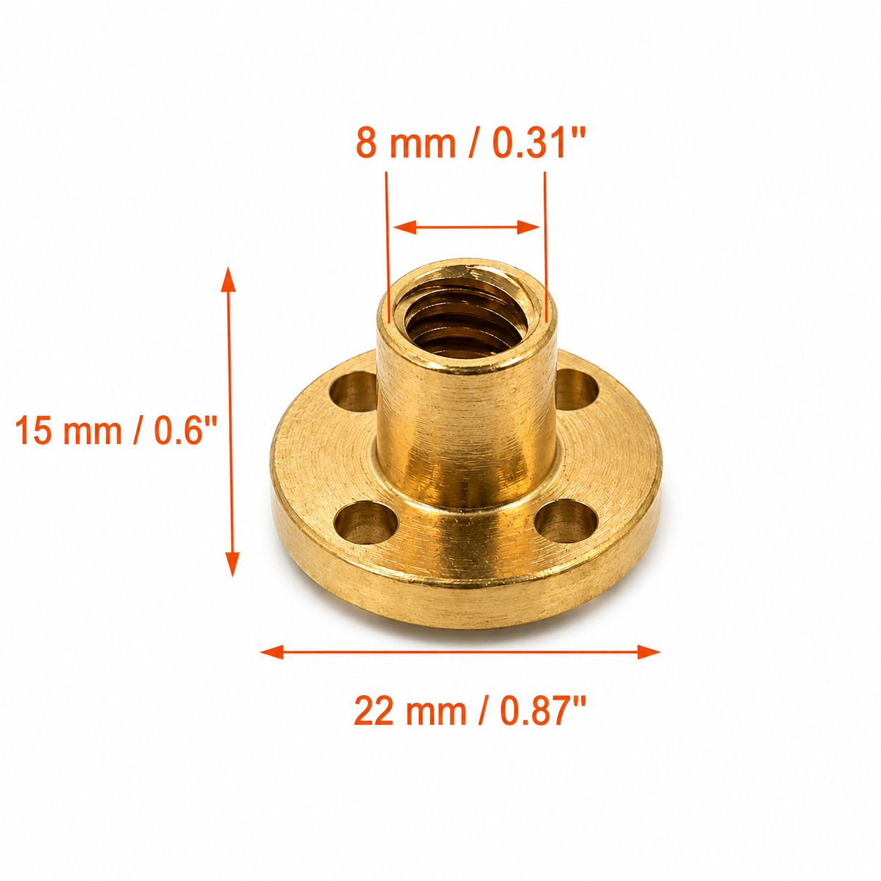 T8 brass leadscrew nut dimensions: 22mm flange diameter, 15mm overall height, 8mm bore