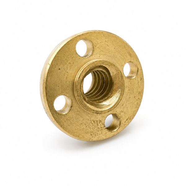 Brass T8 flanged leadscrew nut front face, showing the 8mm Tr8x8 threaded bore and four M3 mounting holes