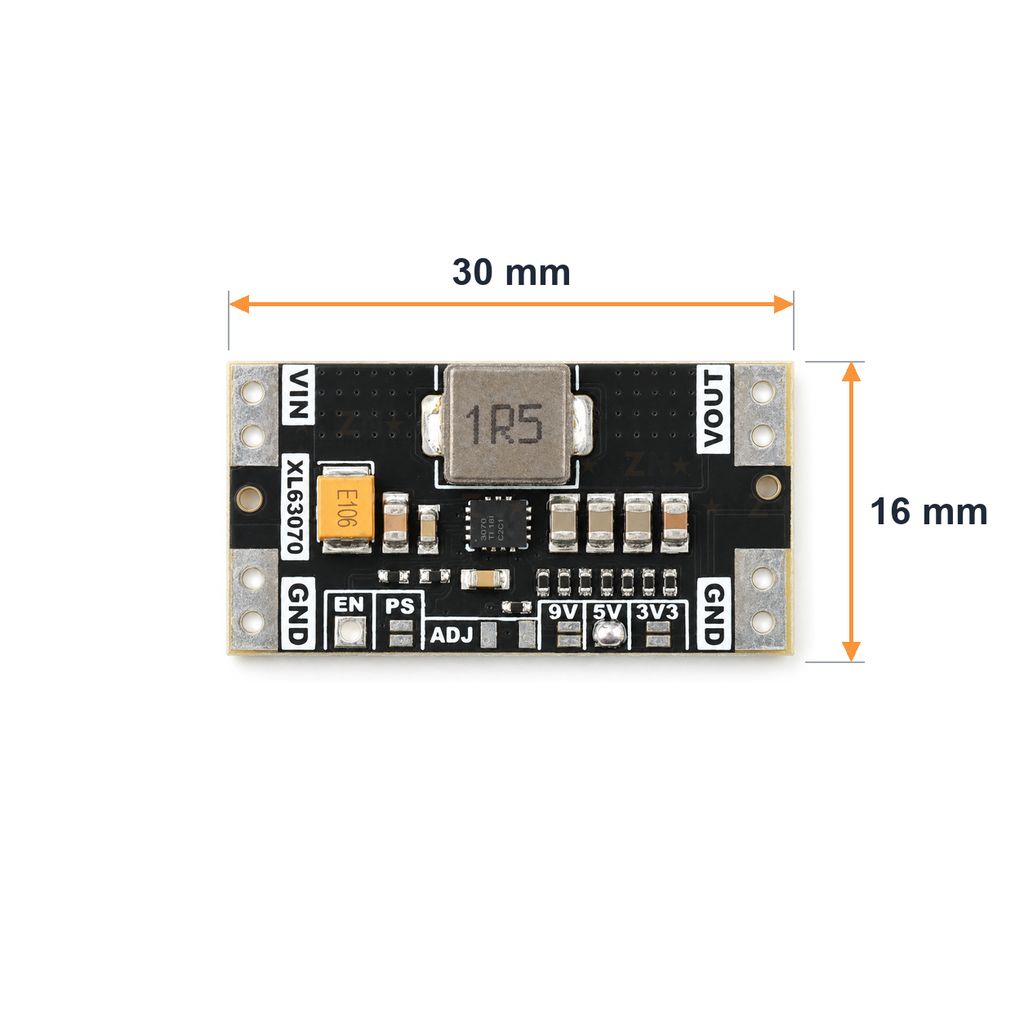 Board dimensions: 30 mm long by 16 mm wide