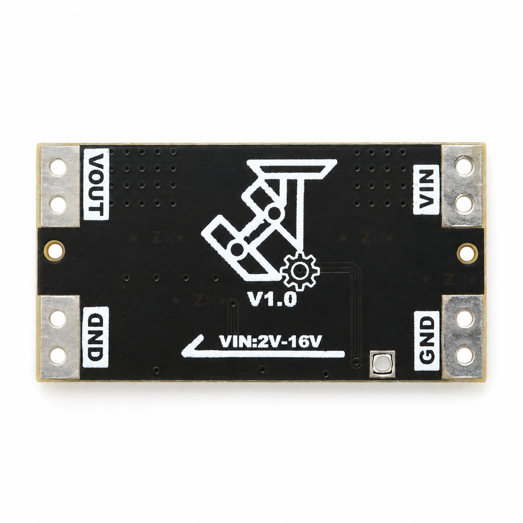 Underside of the module with the VIN 2V-16V input marking and labelled corner pads
