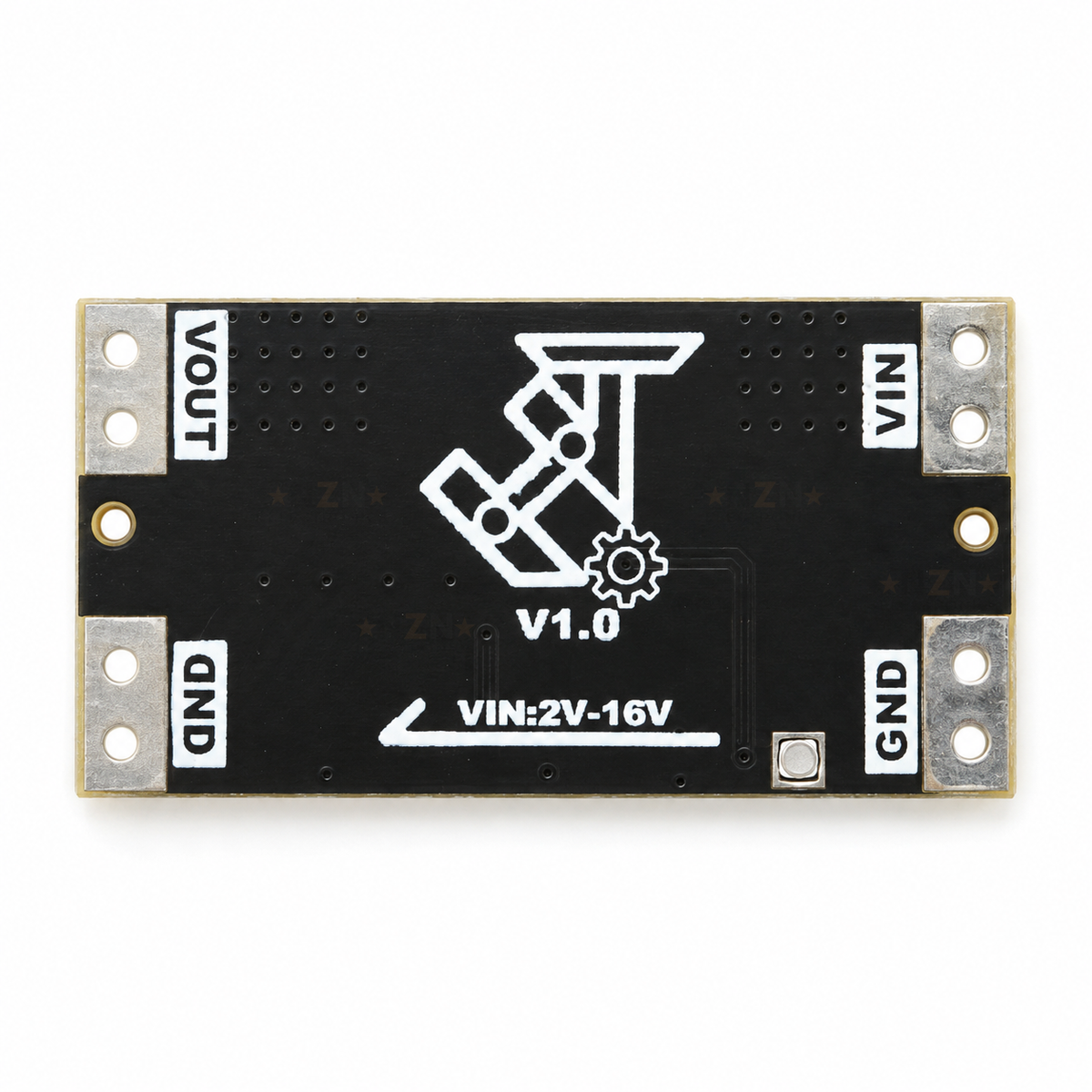 Underside of the module with the VIN 2V-16V input marking and labelled corner pads