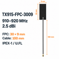 TX915-FPC-3009 antenna dimensions, 30 by 9 mm FPC, 100 mm cable, 910 to 920 MHz, 2.5 dBi