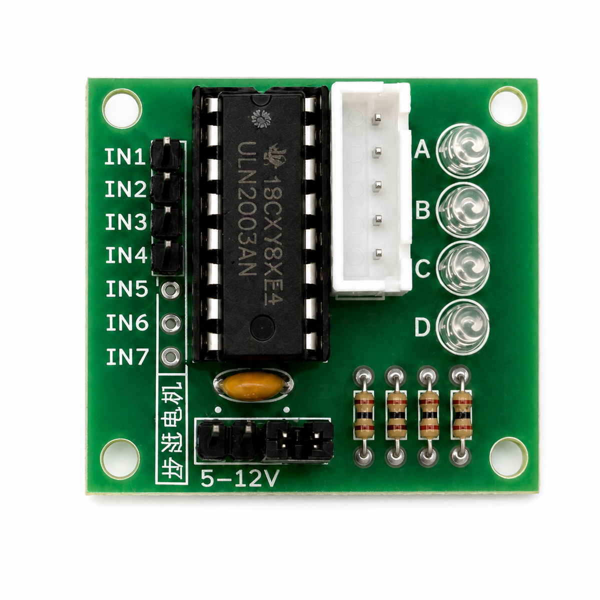 ULN2003 stepper motor driver board showing connector LEDs inputs and power header