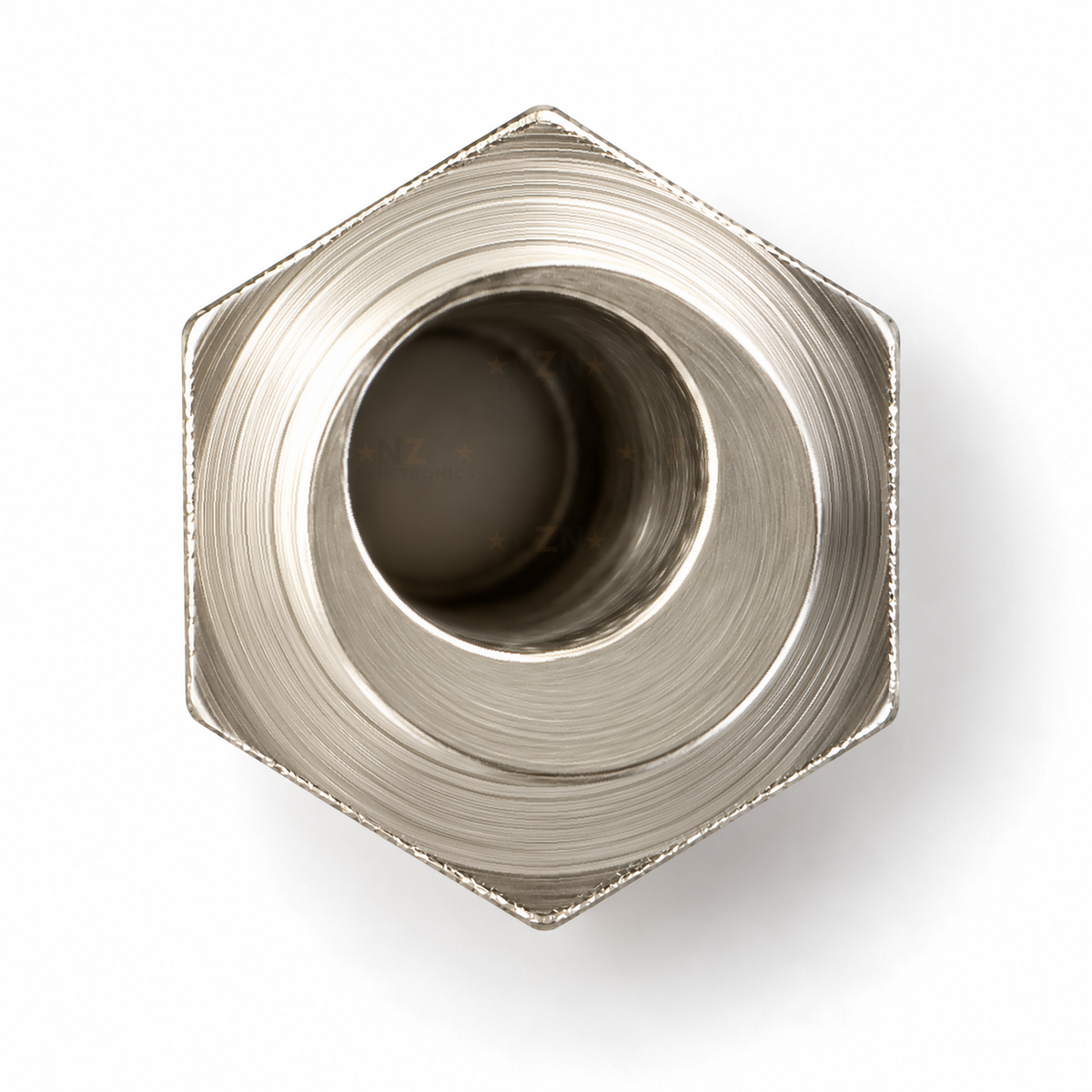 End view down the bore of the eccentric spacer, showing the bore sitting off-centre in the hex and boss