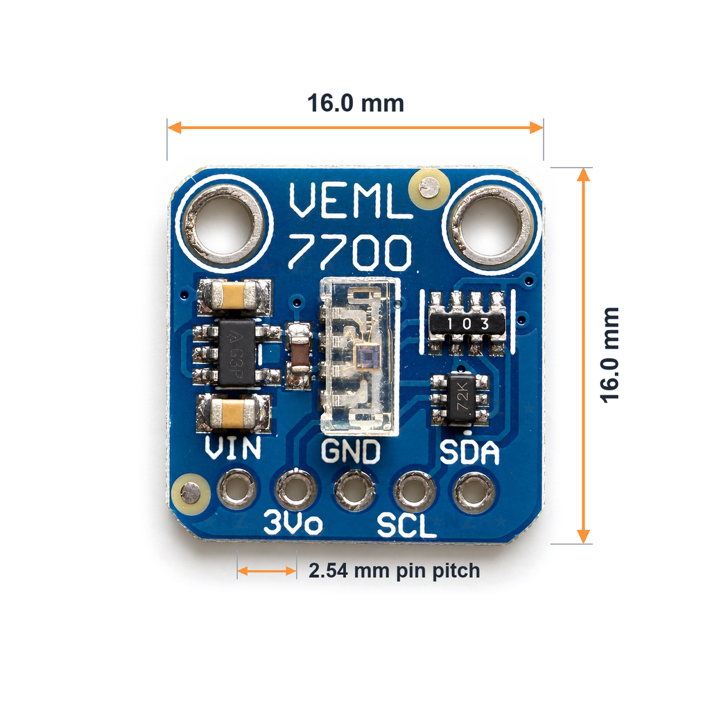 VEML7700 module dimensions: about 16.0 x 16.0 mm board with 2.54 mm pin pitch