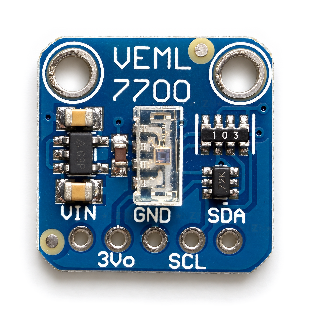 Top view of the VEML7700 board showing pin labels VIN, 3Vo, GND, SCL and SDA, regulator and level-shift parts